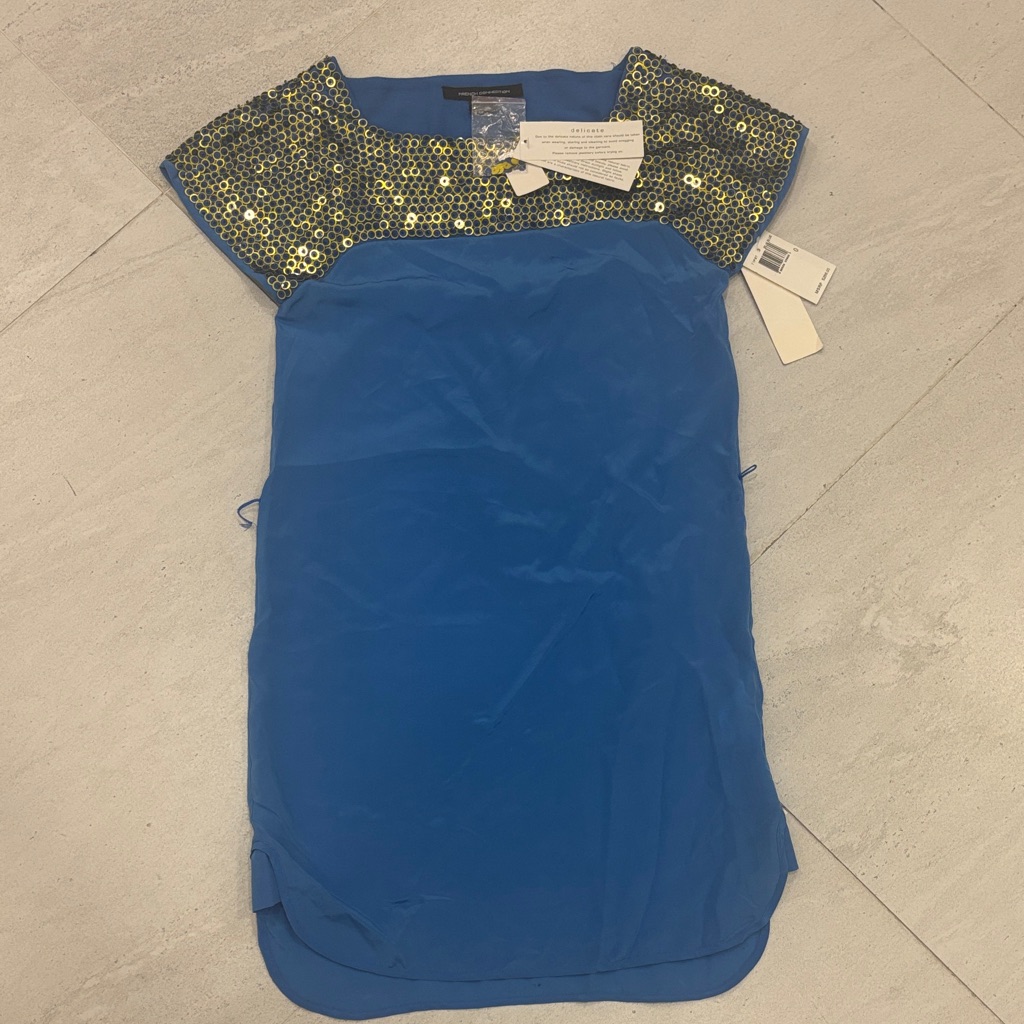 New French Connection Silk Blue Shift Dress With Sequin Yoke- $288 Size 0